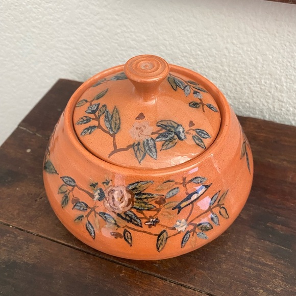 Other - Vintage Handpainted Clay Pottery Jar Lidded Dish Clay Pot Painted Floral Bird